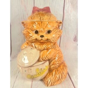 Vintage Orange Fluffy Cat Cookie Jar with Pink Bow and Cookie Pot